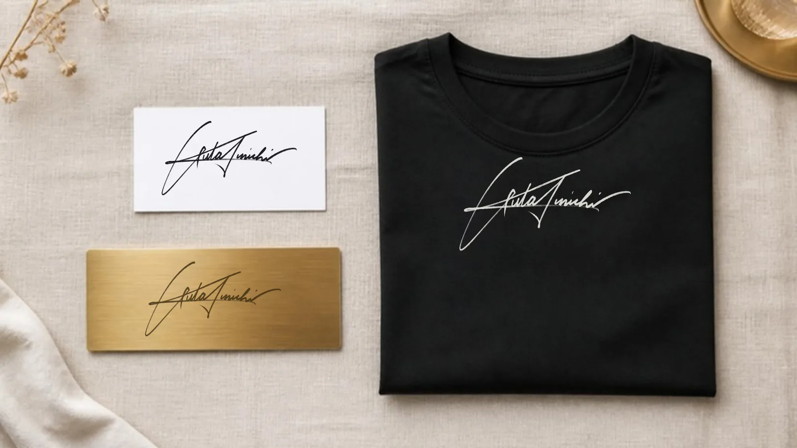 見本サインを名刺・表札・Tシャツに使った用途イメージ