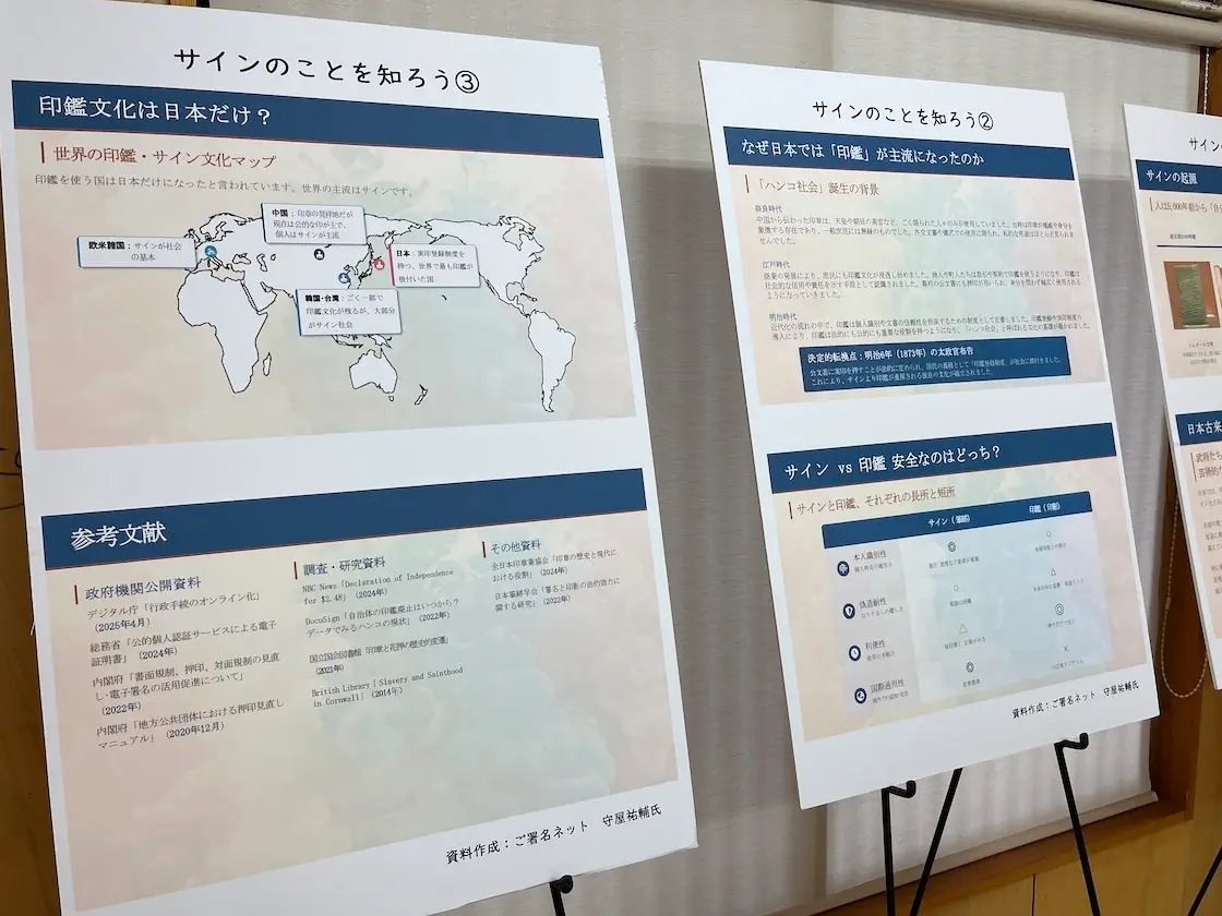 内子町とご署名ネット守屋祐輔のサインワークショップで作成したサインが内子座楽屋に特別展示された様子